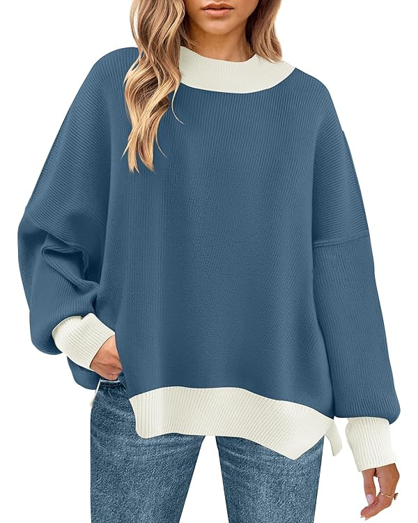 ZESICA Women's Winter Oversized Sweaters Long Sleeve Color Block Mock Neck Side Slit Comfy Loose ... | Amazon (US)