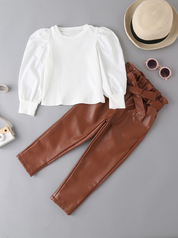 Toddler Girls Ribbed Knit Puff Sleeve Top & Paperbag Waist Belted Pants | SHEIN