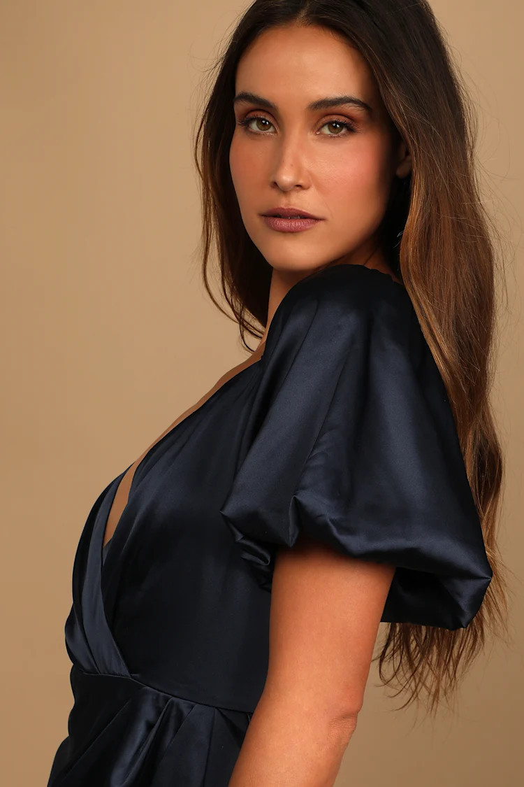 Here Oui Go Navy Blue Satin Short Sleeve Faux-Wrap Mini Dress | Lulus (US)