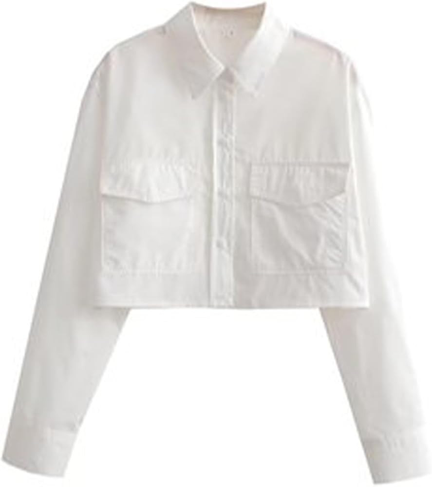 Cropped Shirts for Women Lapel Long Sleeve Button Down Shirts Tops Blouse with Pocket | Amazon (US)