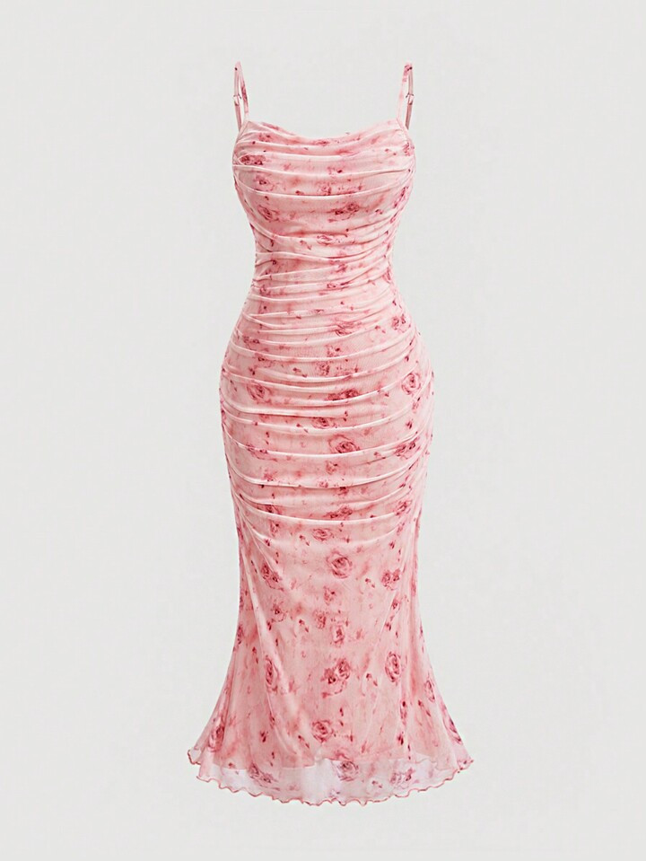 SHEIN MOD Plus Size Ruffled Bodycon Dress With Floral Print And Spaghetti Straps | SHEIN