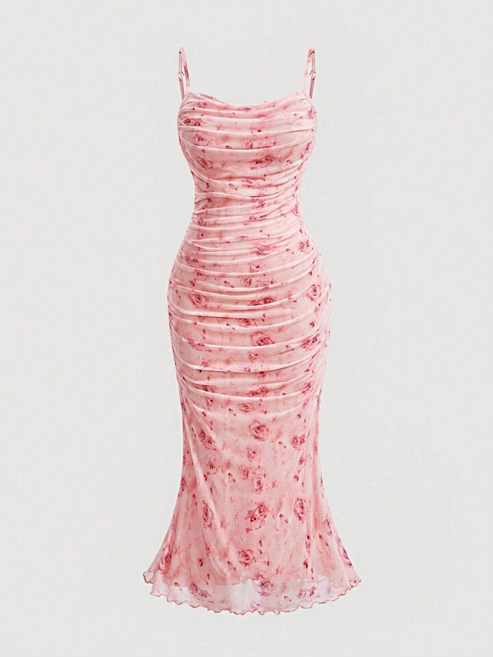SHEIN MOD Plus Size Ruffled Bodycon Dress With Floral Print And Spaghetti Straps | SHEIN