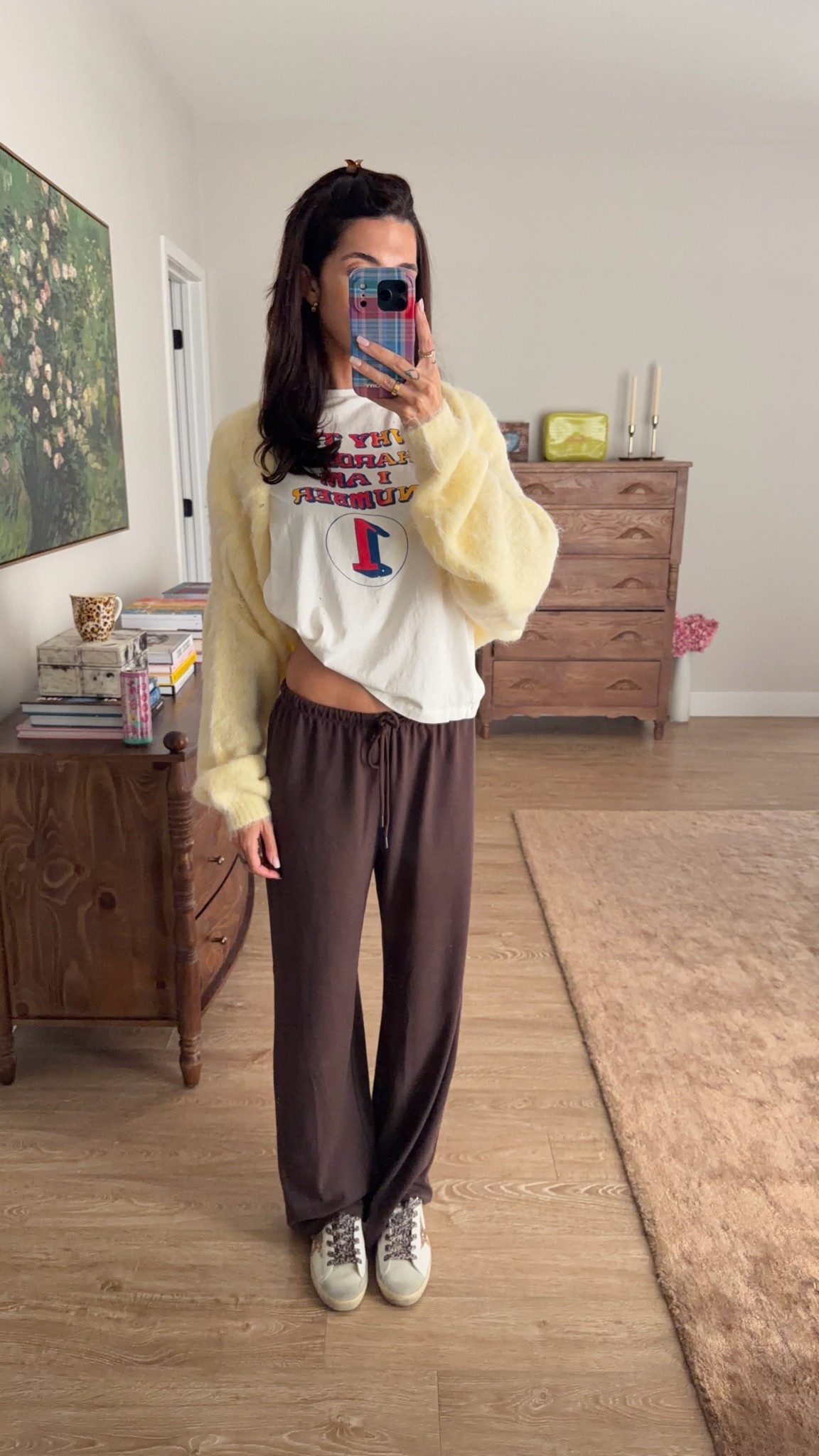 Cozy fall outfits women! Sweater is old American vintage but linked similar! (Wearing it as a shrug) S pants in rich mocha brown and S graphic tee

#LTKootd #LTKSaleAlert #LTKTall