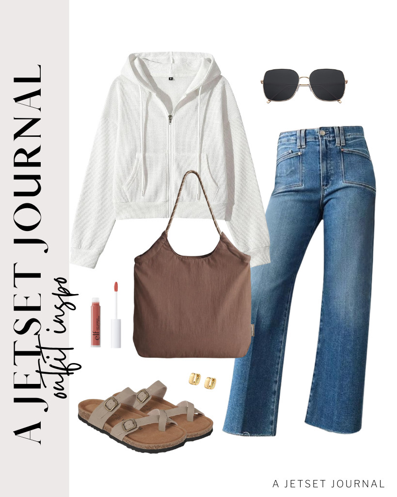 This comfy look is perfect for errand running. The zip-up crop hoodie from Yimoon and wide-leg jeans paired effortlessly with a roomy beach bag and Project Cloud’s cork footbed sandals. These oversized square metal sunnies and chunky hoop earrings completed the whole fit.

#LTKSeasonal #LTKSaleAlert #LTKTravel 

 