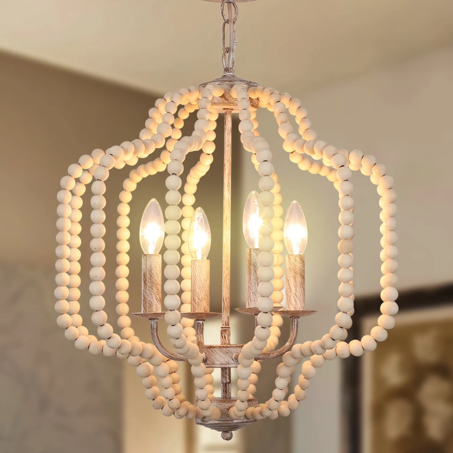 Garwarm Modern Chandelier Light Fixture, 4-Lights Wood Beaded Boho Pedant Lighting Vintage Farmho... | Walmart (US)