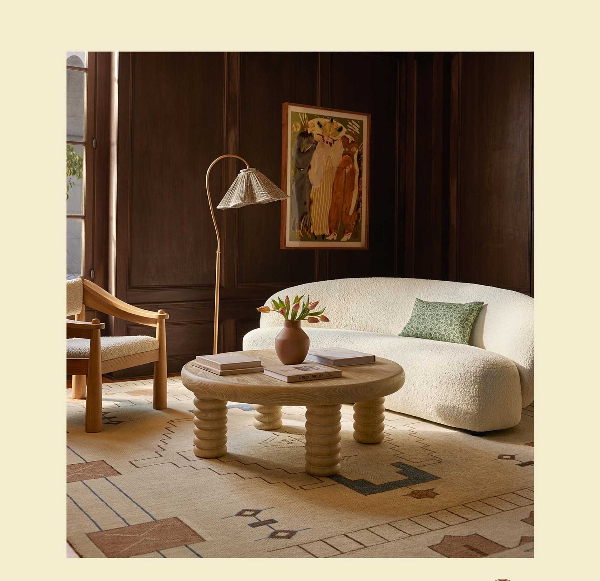 Refresh your living room to elevate your everyday life with new Lulu and Georgia’s spring collection. The dark chocolate hue on the walls is on-trend, which creates very moody and relaxing vibe. The creamy curved boucle sofa  nicely contrasts with  the dark hue and  brings in a modern edge. The artwork and motif design on the handmade rug makes the space interesting and timeless. #livingroom #homedecor #curveddofa #rug #coffeetable

#LTKSeasonal #LTKMostLoved #LTKHome