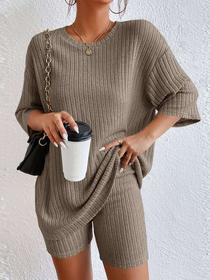 SHEIN Essnce Drop Shoulder Ribbed Knit Tee & Biker Shorts | SHEIN