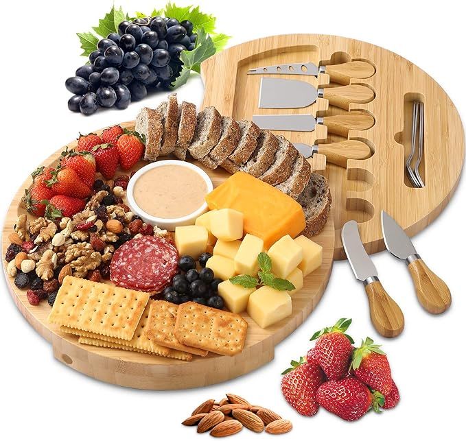 BOLTLINK Cheese Board and Knife Set, Bamboo Round Charcuterie Boards Swivel Meat Platter Personal... | Amazon (US)