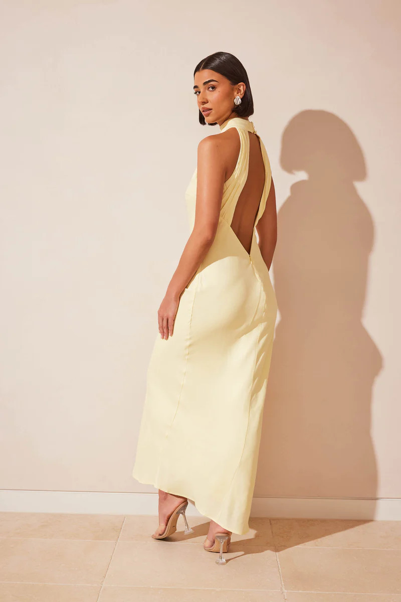 Claire Matte Satin Drape Back Maxi Dress - Light Yellow | MESHKI US