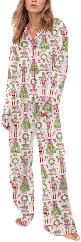 Womens Silk Satin Pajama Set Y2k Christmas Nutcracker Long Sleeve Shirt Tops and Wide Leg Pants S... | Amazon (US)
