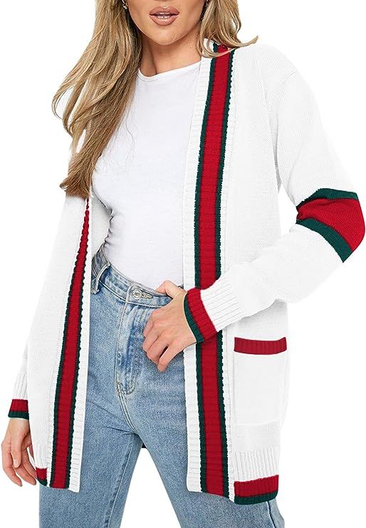 Viottiset Women's Oversized Open Front Long Cardigan Knit Sweater Color Block Cardigans Pocket | Amazon (US)