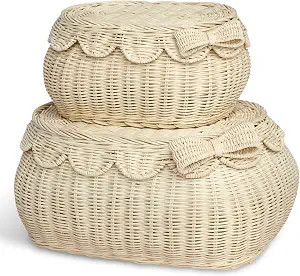 BEBE BASK The Original Scalloped Bow Basket with Lid – Set of 2 (15 x 11 x 6 in) – Handwoven ... | Amazon (US)