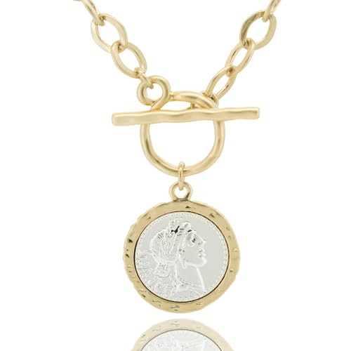 GelieerRoyal Antique Gold Plated Roman Chunky Coin Necklace for Women 18 Inches Thick Link Chain Layered Gold Necklaces for Women (Worn Gold & Sliver) | Amazon (US)