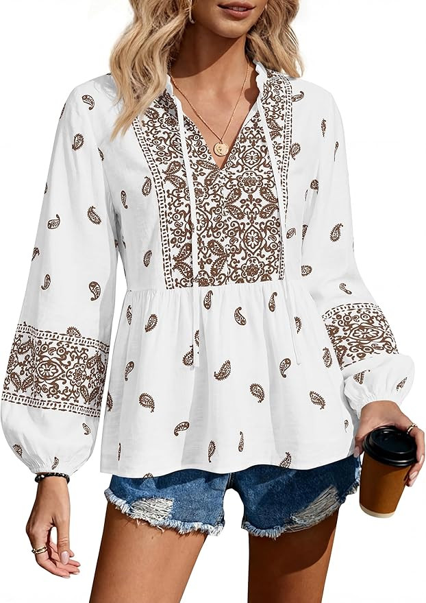 MASCOMODA Women Boho Babydoll Tops Spring Summer Casual V Neck Peplum Long Sleeve Blouses Flowy S... | Amazon (US)