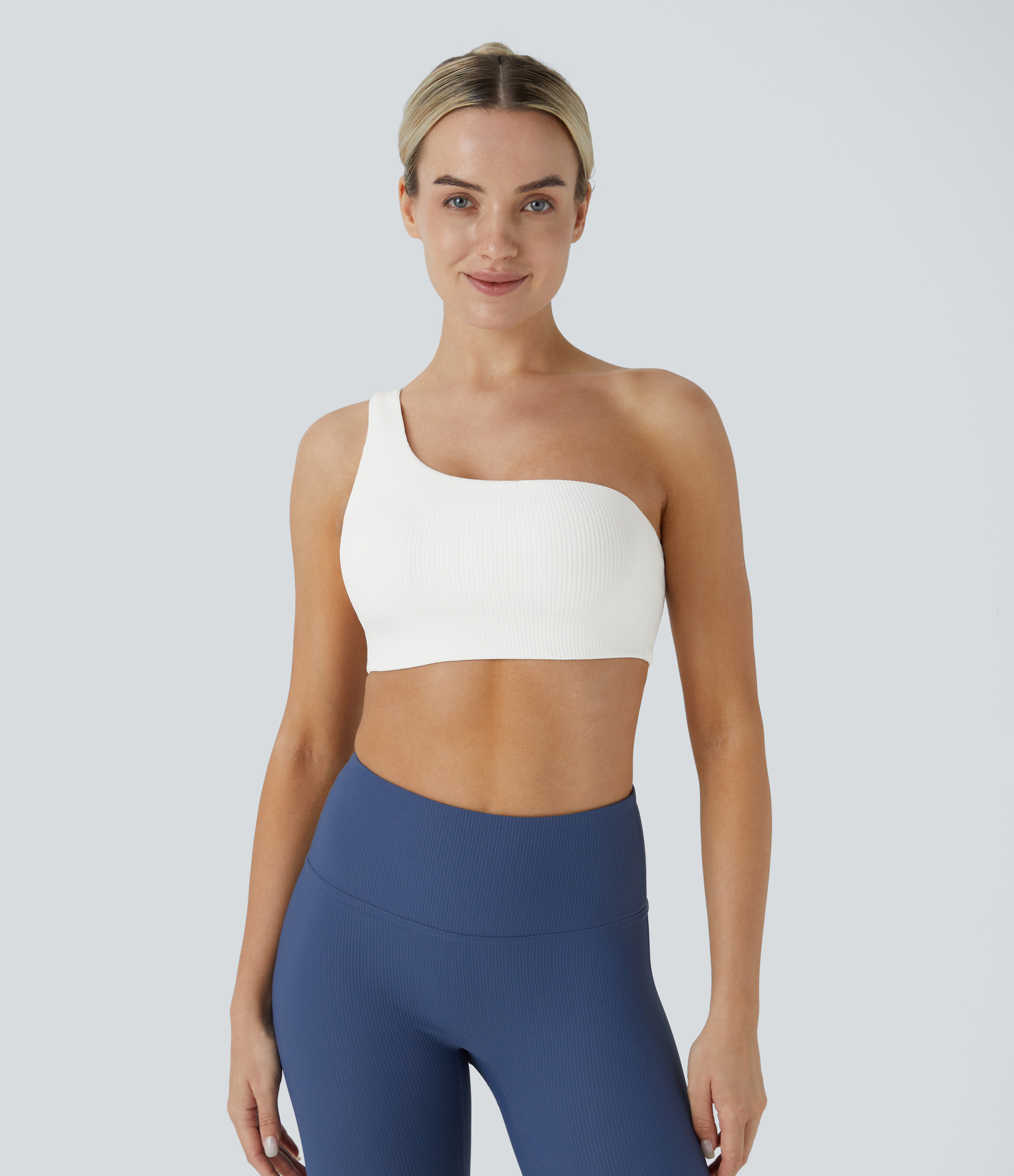 Halara Low Support Ribbed One Shoulder Yoga Sports Bra - White - L push up bra strapless bra backless bra sticky bra wireless bra | HALARA