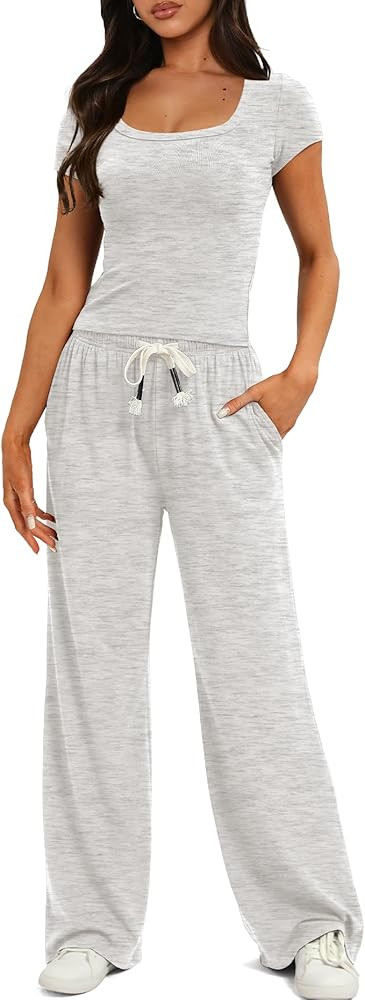 Darong Women's Two Piece Outfit Short Sleeve Scoop Neck T Shirts with Wide Leg Pants Active Track... | Amazon (US)
