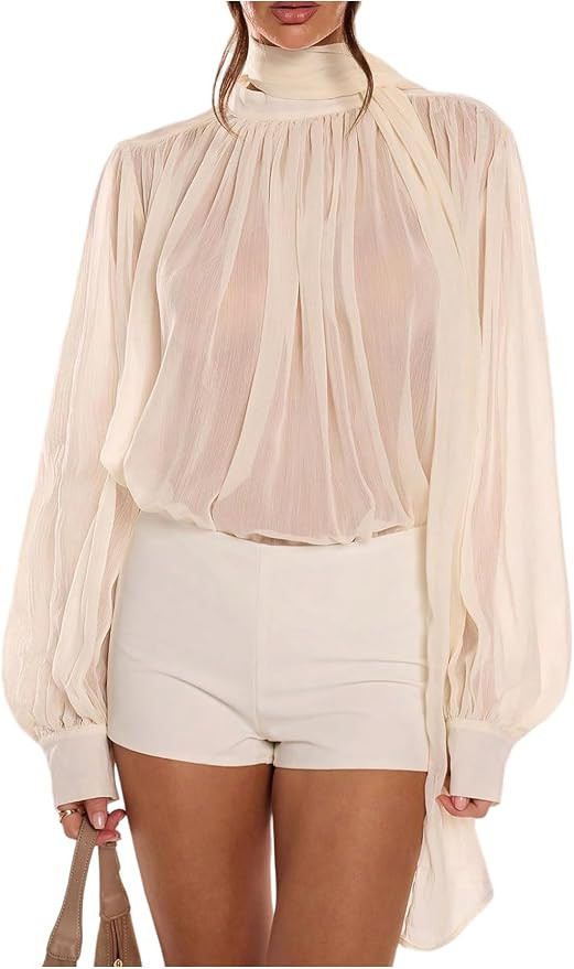 Verdusa Women's Sheer Chiffon Blouses Scarf Top Long Sleeve Shirts | Amazon (US)