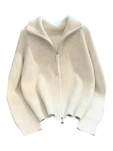 RoseSeek Women's Ribbed Knit Zip Up Sweater Collared Long Sleeve Cardigans Fall Sweaters Beige X-Small | Amazon (US)