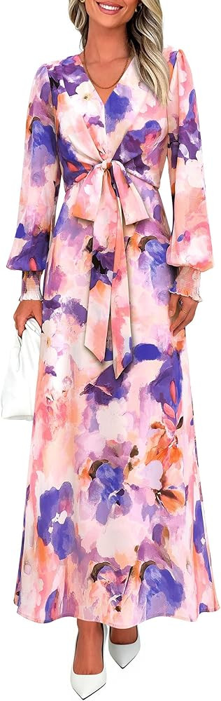 PRETTYGARDEN Women's 2026 Spring Wedding Guest Dresses Floral Long Sleeve V Neck Belted Long Flow... | Amazon (US)