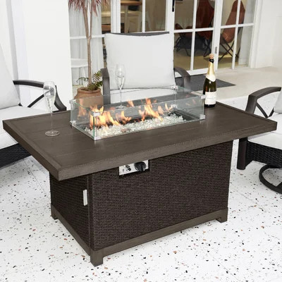 52" L x 32" W Handwoven Rattan Outdoor Propane Gas Fire Pit Table with Lid | Wayfair North America