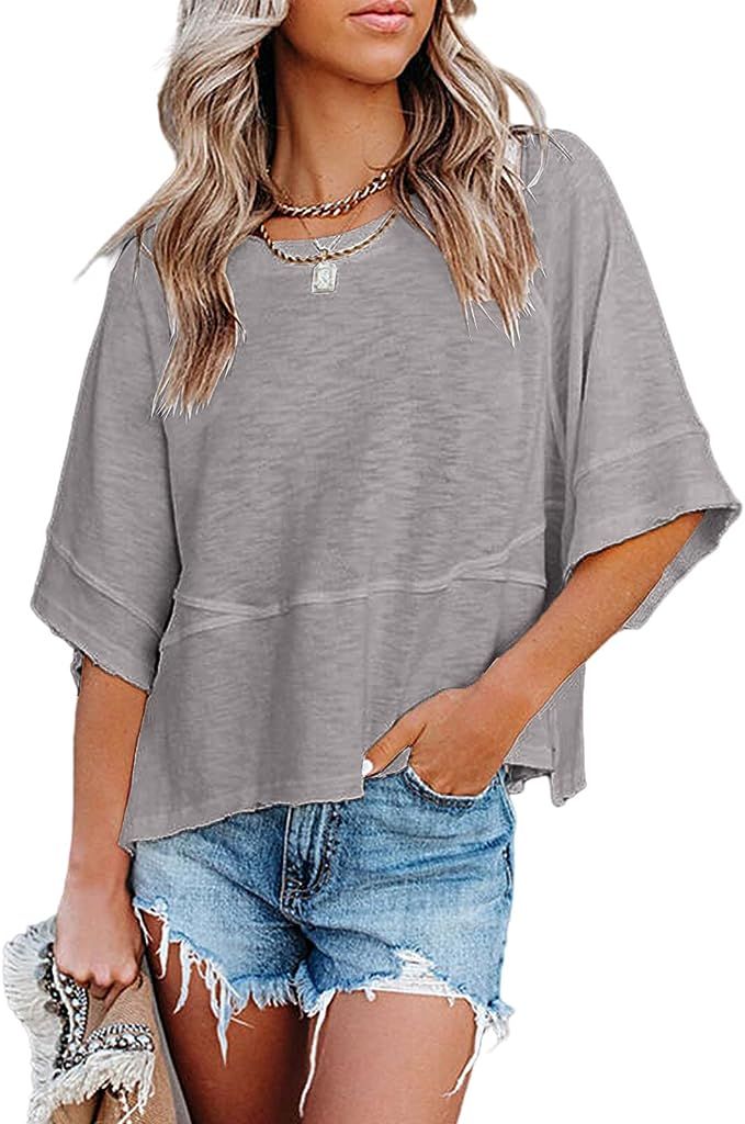 Sovelen Women's Summer Casual Crewneck Batwing Half Sleeve T-Shirts Solid Color Loose Fit Cute Ba... | Amazon (US)