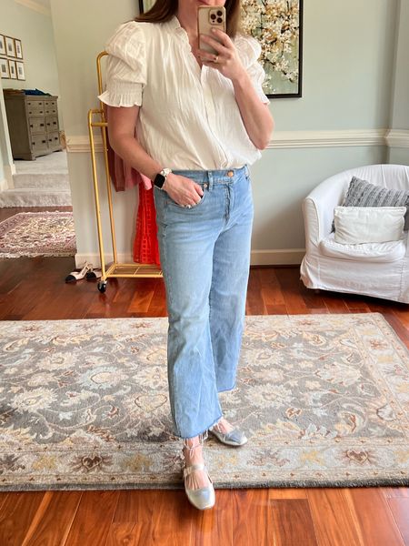 Everyday mom look. Ballet flats. Wide leg jeans. Easy summer shirt. Lightweight  

#LTKsalealert #LTKover40 #LTKSeasonal