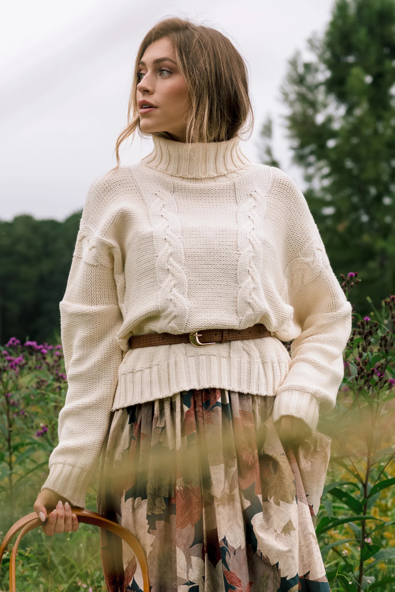Prosperina Beckett Ivory Cable Knit Turtleneck Sweater | Red Dress