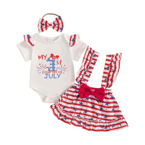 Bonangber My First 4th of July Baby Girl Outfit Short Sleeve Romper Stars Print Suspender Skirts Set Cute Infant 4th of July Outfit(F-White,12-18 Months) | Amazon (US)