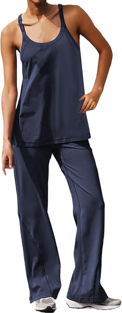 Women Workout 2 Pieces Sets Scoop Neck Camisole Side Slit Lounge Pant Outfits Sleeveless Tank Top... | Amazon (US)