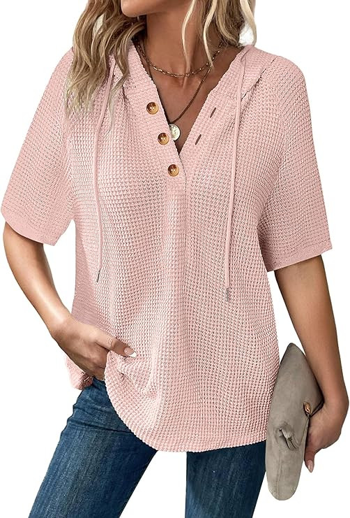 Hoodies for Women Oversized Waffle Knit V-Neck Summer Top Casual Drawstring Hooded Pullover Sweat... | Amazon (US)