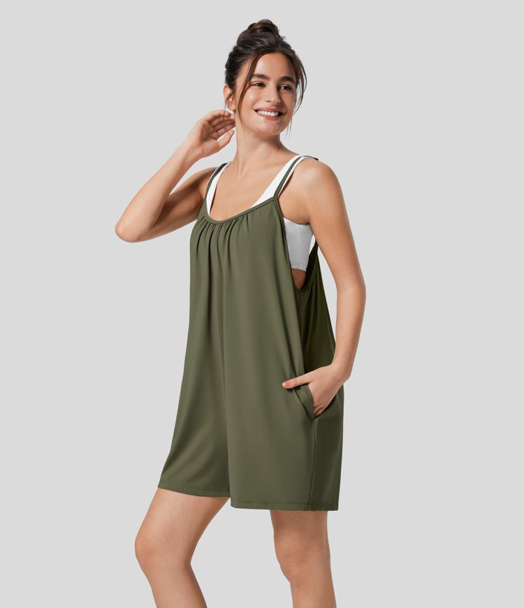 Women’s Spaghetti Adjustable Strap Side Pocket Solid Wide Leg Casual Jumpsuit - Halara | HALARA