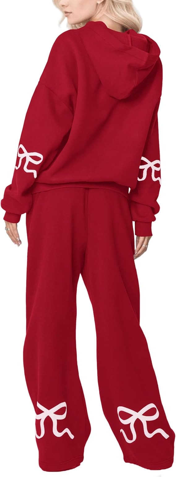 Women’s Bow Graphic Two Piece Hoodie Set Oversized Fleece Sweatshirt High Waist Sweatpants Trac... | Amazon (US)