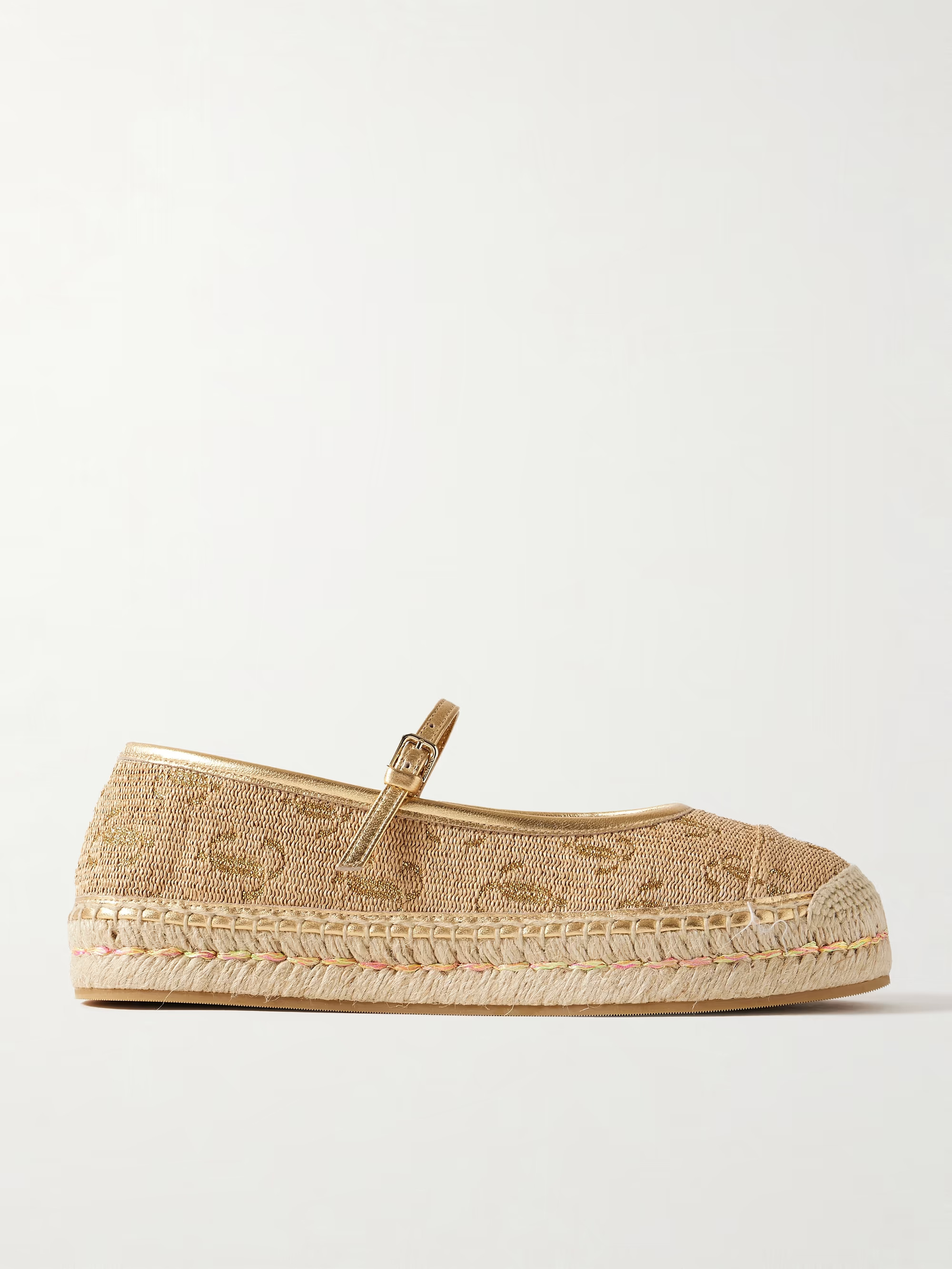 20 metallic leather-trimmed logo-embroidered straw platform espadrilles | NET-A-PORTER (US)
