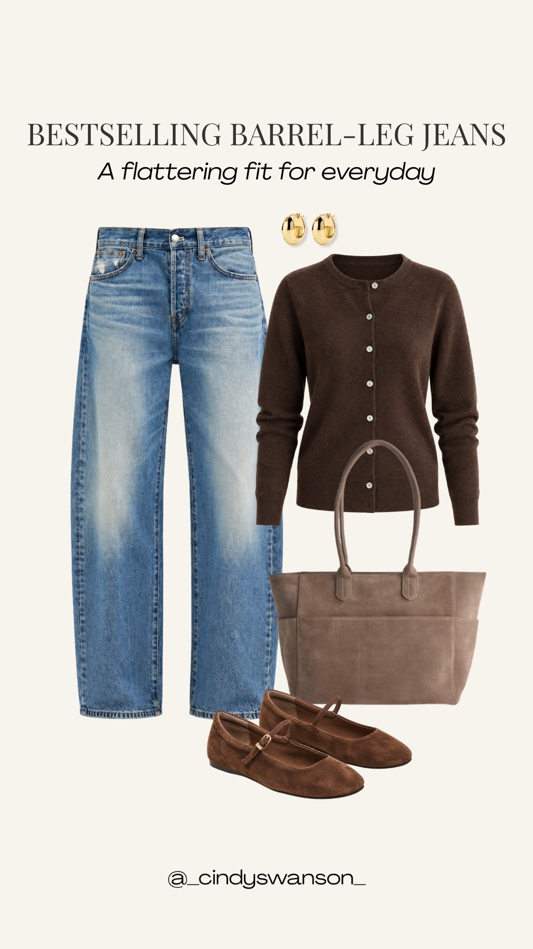 These bestselling barrel-leg jeans are such a versatile addition to an everyday wardrobe. I love the classic blue denim paired with a simple brown cardigan and suede Mary Jane flats, it’s an easy, polished combination that feels timeless without being too dressed up.