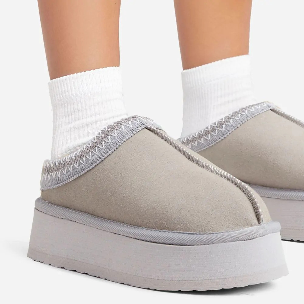 Tazmin Aztec Detail Faux Fur Lining Platform Slipper In Light Grey Faux Suede | EGO Shoes (US & Canada)