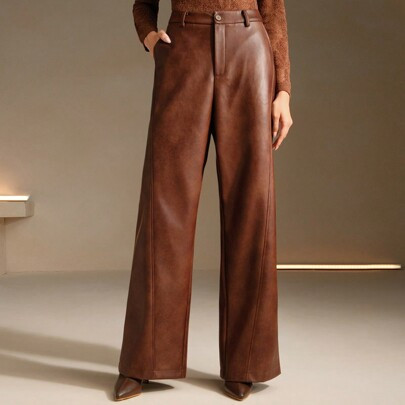 Women's Casual Wide Leg PU Leather Pants, Brown, For Autumn | SHEIN