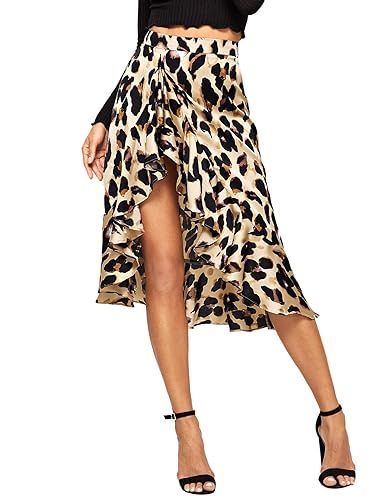 Verdusa Women's Ruffle Trim High Split Leopard Print Midi Skirt | Amazon (US)