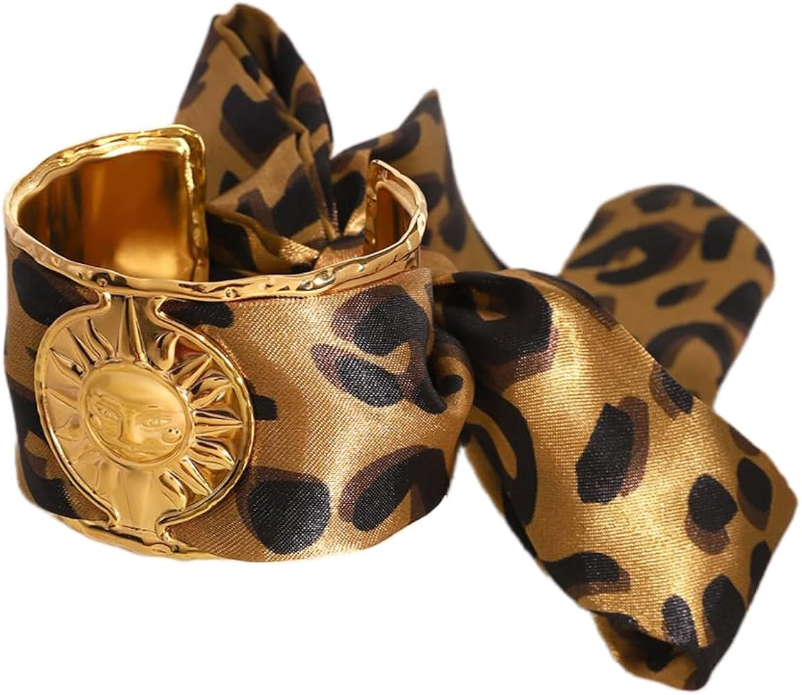 Women 18K Gold Plated Leopard Silk Scarf Sun Wide Open Cuff Bangle, Adjustable Silk Scarf Stainle... | Amazon (US)