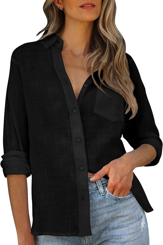 Runcati Womens V Neck Button Down Shirt Cotton Linen Long Sleeve Casual Blouse Loose Fit Tops | Amazon (US)