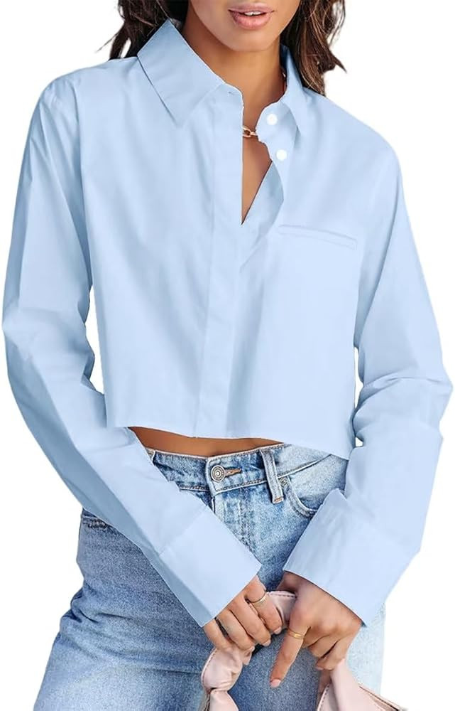 INFITTY Women's Button Down Cropped Shirts Long Sleeve Casual Crop Tops Loose Fit Cotton Lapel Bl... | Amazon (US)