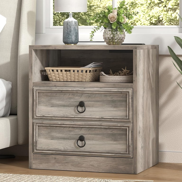 Winkalon 2 Drawers Farmhouse Nightstand with Charging Station, Rustic Bedside Tbale with Drawers ... | Walmart (US)