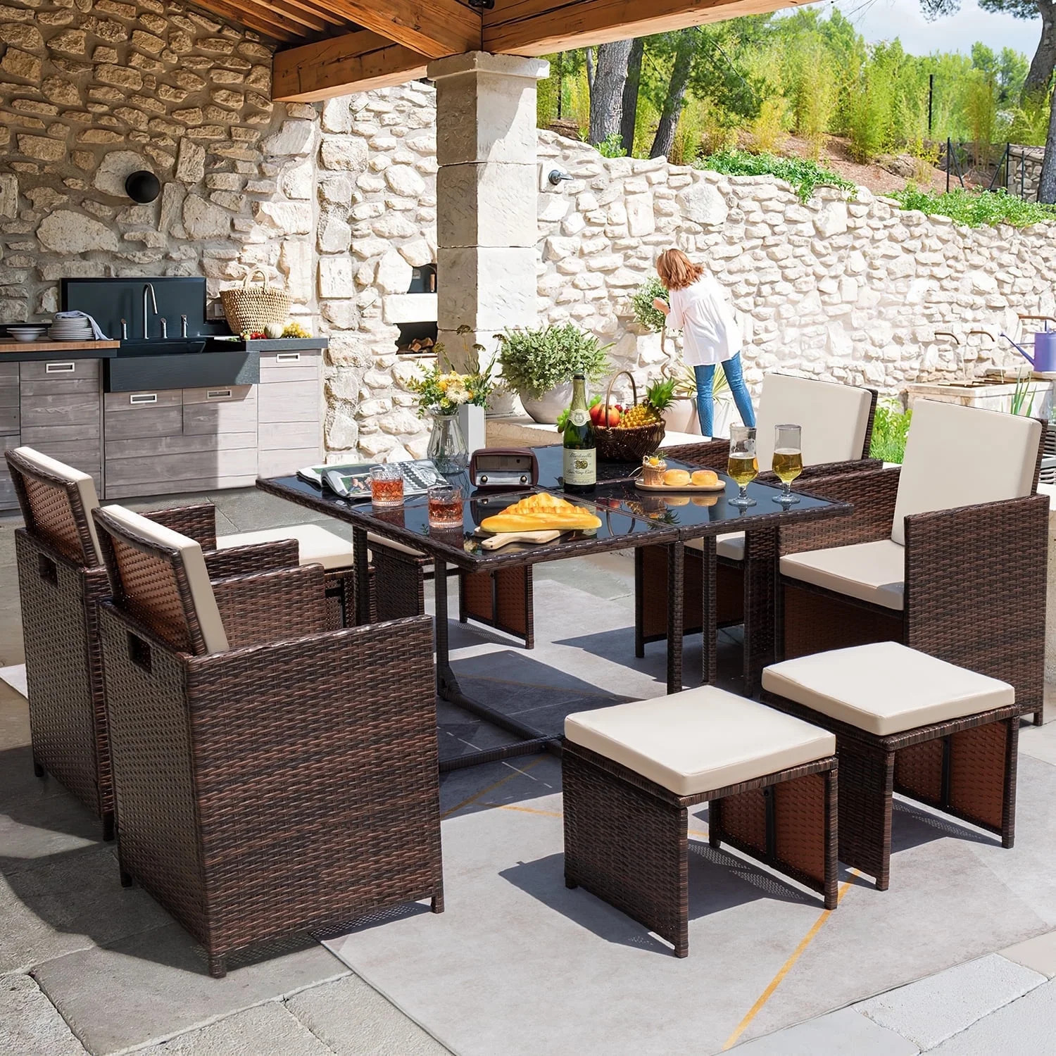 Homall 9 Pieces Outdoor Dining Sets Patio Rattan Conversation Set Space Saving Wicker Chairs with... | Walmart (US)