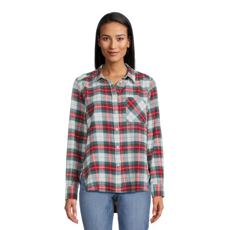 Time and Tru Women's Button Down Flannel Shirt with Long Sleeves, Sizes XS-3XL | Walmart (US)