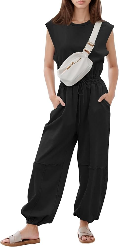 Flygo Womens Casual Jumpsuit Crewneck Cap Sleeve Long Wide Leg Pants One Piece Outfits Drawstring... | Amazon (US)