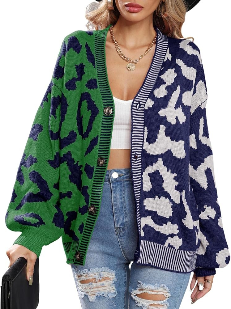 Raikamitu Womens Oversized Cardigan Sweater,Long Sleeve Button Down Leopard Colorblock Knit Cardi... | Amazon (US)
