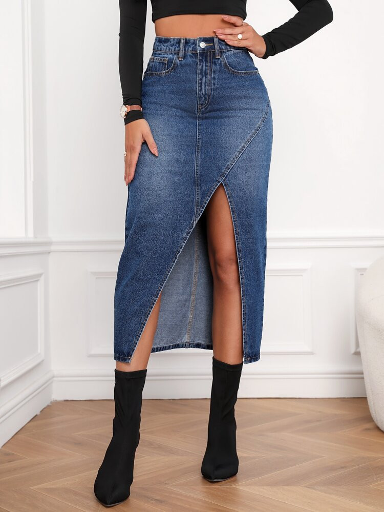 High Waist Split Thigh Denim Skirt | SHEIN