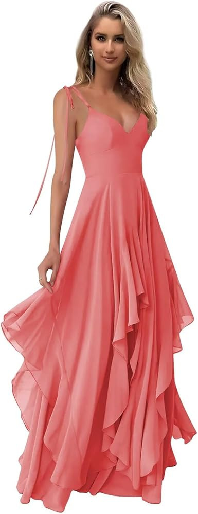 BOLENSYE Women's V-Neck Chiffon Tiered A-Line Bridesmaid Dresses Long Ruffles Formal Evening Part... | Amazon (US)