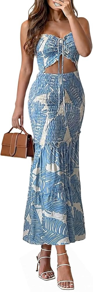 HWP Summer Tropical Strapless Floral Dresses for Women Sexy Tie Bandeau Prom Dress Ruffle Hem Vac... | Amazon (US)