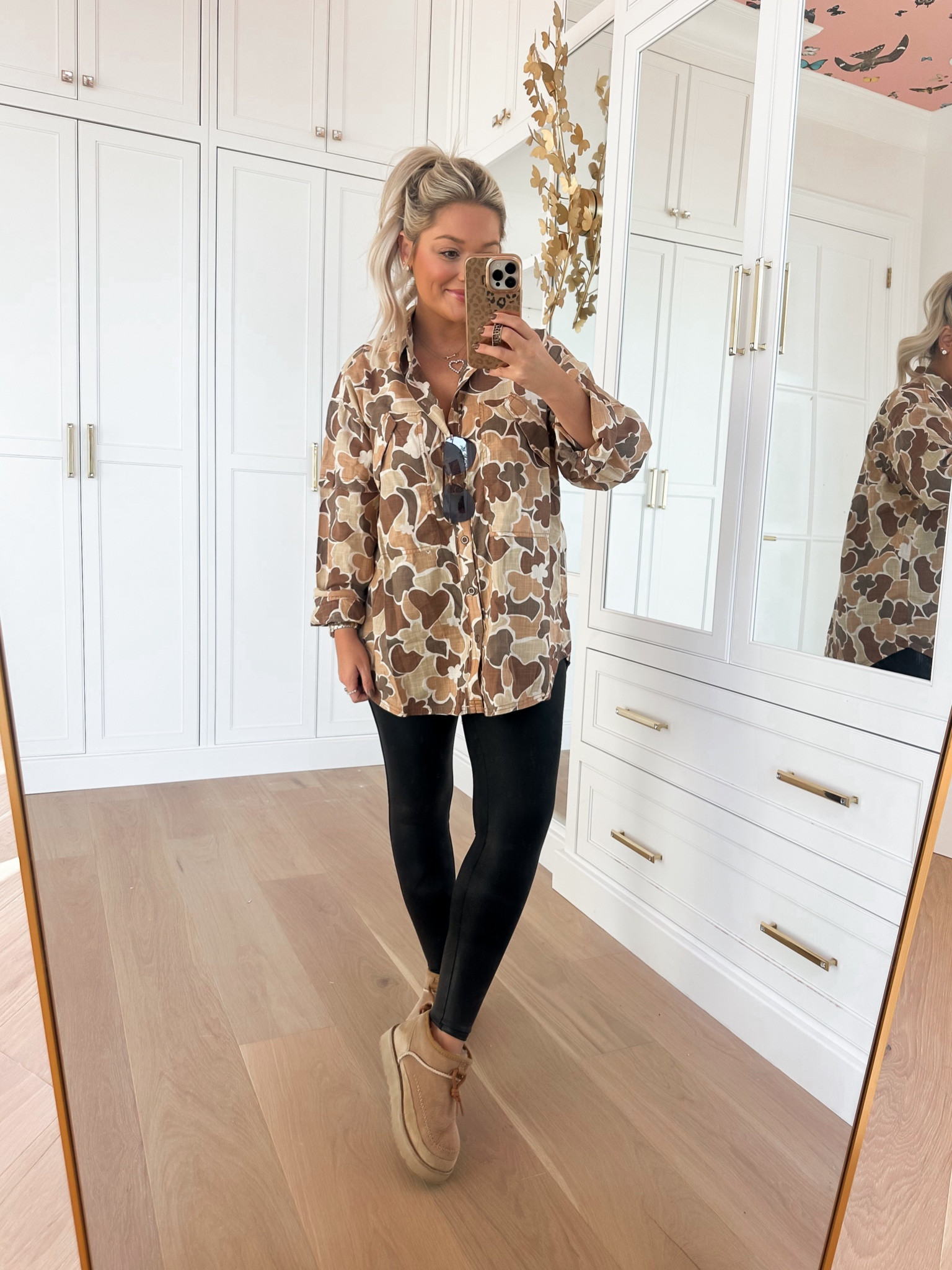 Wearing size small in my camo shirt! Perfect top for a country concert with denim skirt + boots