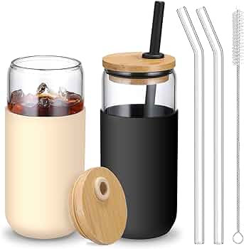 20 OZ Glass Cups with Bamboo Lids and Straws - Beer Can Shaped Drinking Glasses with Silicone Pro... | Amazon (US)
